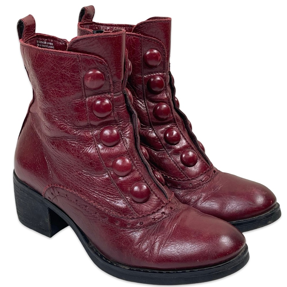 Miz Mooz Jozie Button Ankle Boots Women 37 Burgundy Leather Wingtip Brogue